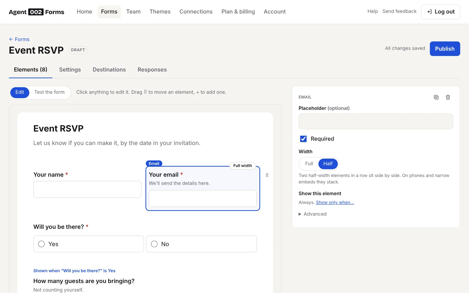 The Agent002 form builder: the form edited right where respondents will see it, with name and email side by side, and the selected question’s settings beside it.