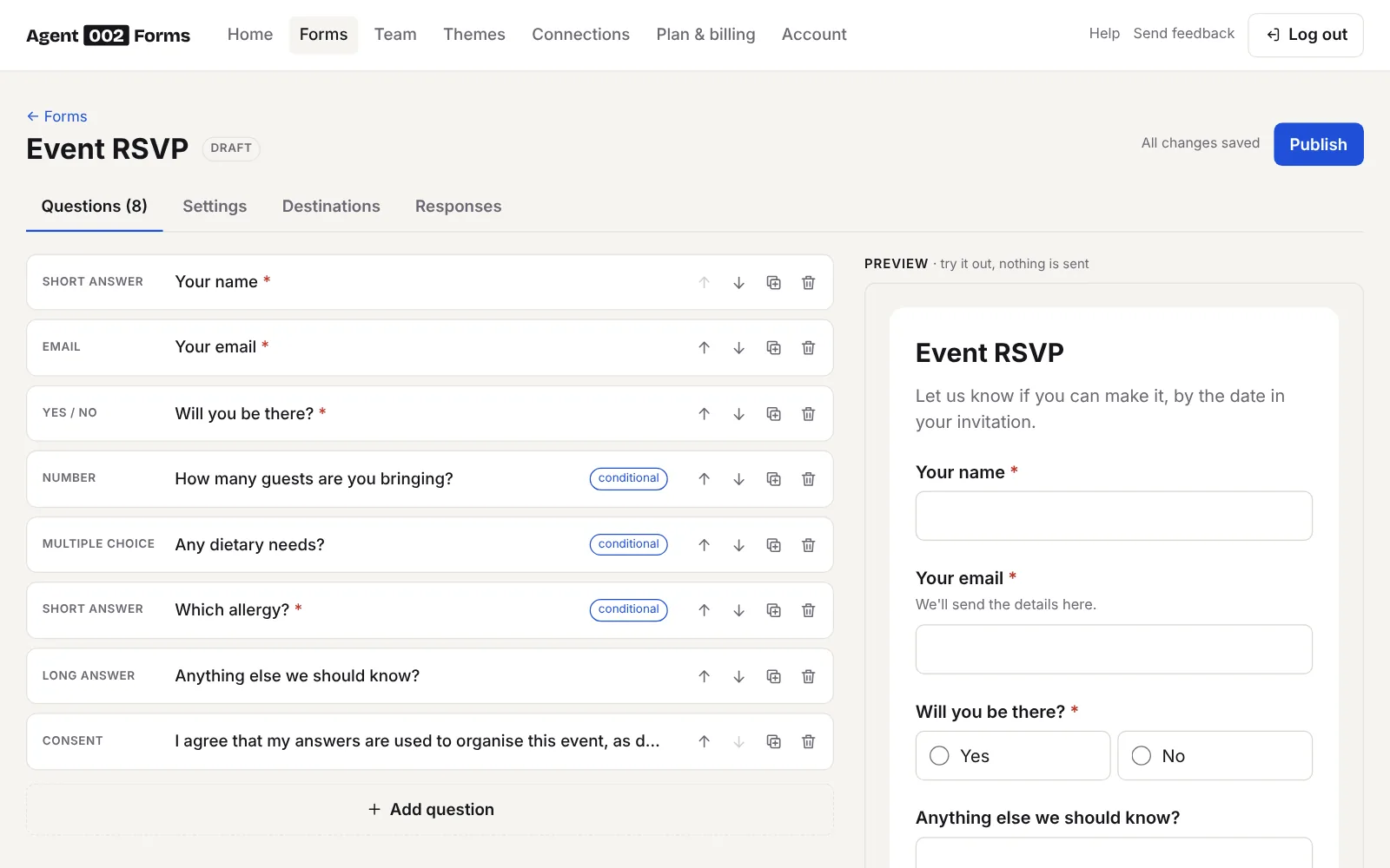 The form builder with a question being edited and the live preview next to it.